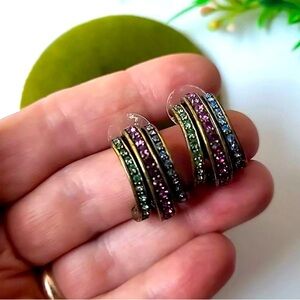 Heidi Daus Antique Gold Multi color Swarovski Crystals Pierced Huggies Pair